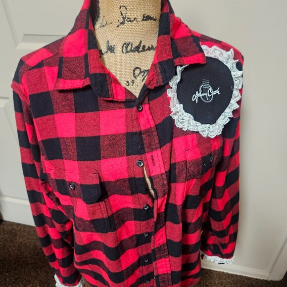 Tops - Johnny Cash Upcycled Band TShirt/Flannel Buffalo Plaid
